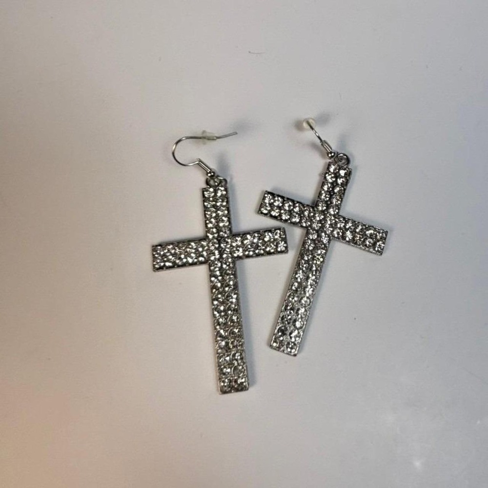 Cross Earrings Silver Rhinestone Statement Goth Y2K Streetwear Boho Chic - Picture 3 of 6